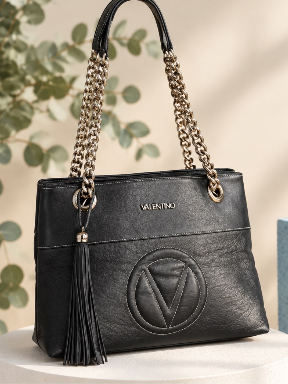 Mario Valentino Black Leather Shoulder Bag with Gold Chain